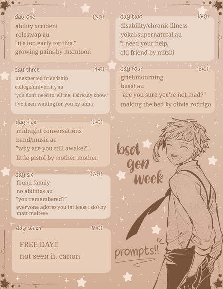 a graphic titled "bsd gen week" with the subheading "prompts!!" the background is a gradient from cream to brown, with stars scattered across it, and a manga panel of nakajima atsushi is positioned in the bottom right corner. there are seven boxes across t